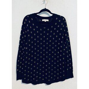 LOFT Sweater Womens XL Navy Blue Gold Polka Dot Crew Neck Wool Blend Pullover